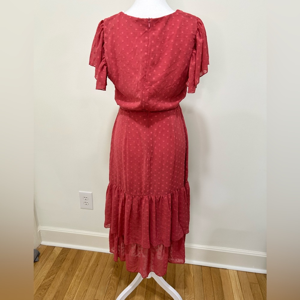 Lulus Mauve Have Harmony Swiss Dot Ruffled Faux Wrap Midi Dress - Picture 3 of 5